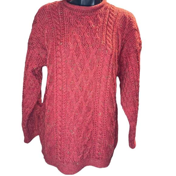 Crafts & Woollens Vintage Red 100% Wool Aran Chunky Pullover Sweater Sz S - Picture 1 of 10